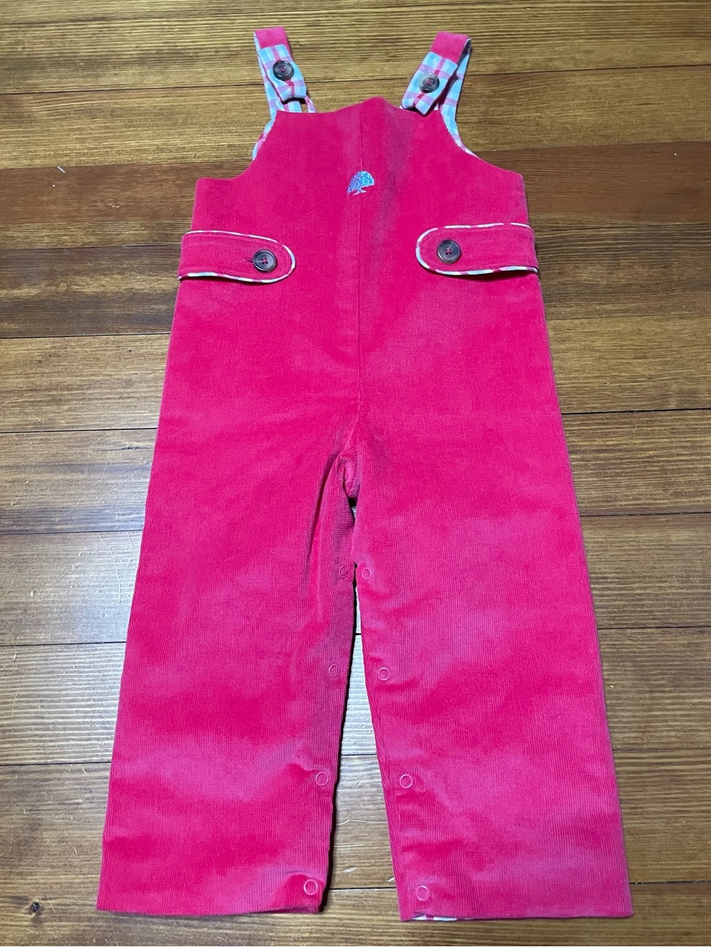 NWT The Beaufort Bonnet Company Bright Pink Corduroy Tree Overalls Plaid Lining